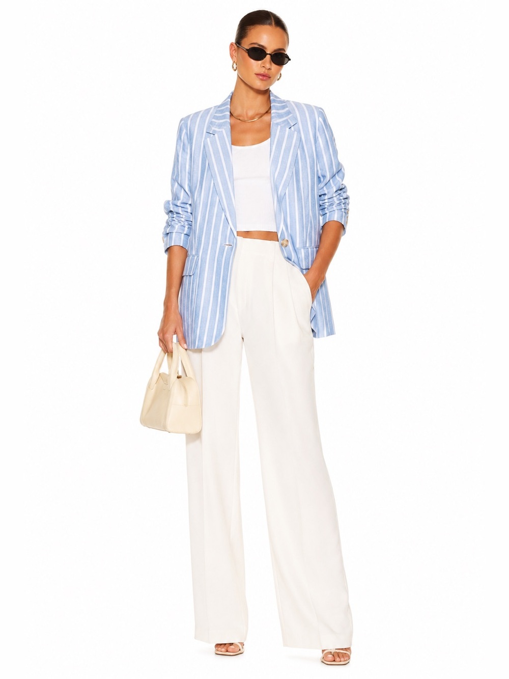 Philosophy Light Blue White Stripe Linen Blend Blazer Large Coastal Preppy